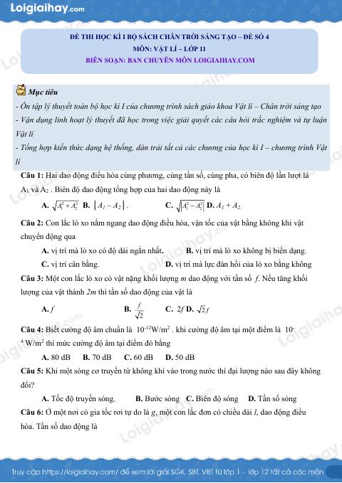 Đề thi học kì 1 Vật lí 11 Chân trời sáng tạo - Đề số 4